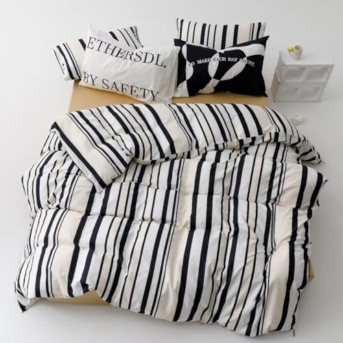 Image of KAREVER Striped Comforter Set Full Black and White Comforter Men Women Modern Chic Stripes Bed Comforters Beige Black Striped Full Ticking Bedding Comforter Set All Season Hotel Quality Bed Set