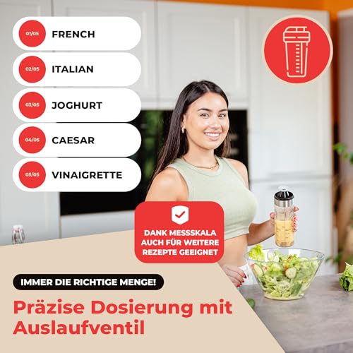LALOB® Dressing Shaker – mit 5 Rezept-Skalen in 175 ml & 350 ml – Auslaufsicherer Salatsoßen-Schüttelbecher – Messbecher für Dressings, Marinaden & Vinaigrettes