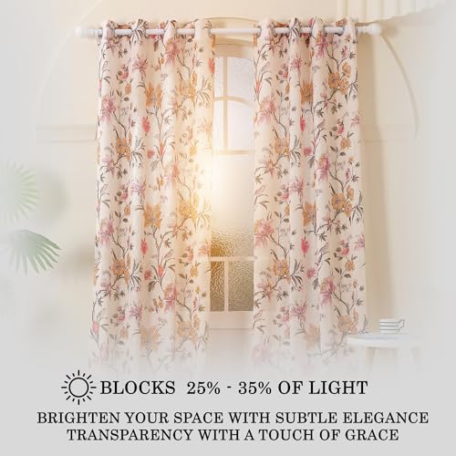 Image of Story@Home Sheer Curtains 8 Feet Long Set of 2 | Floral Printed | Semi Transparent Net Curtain | Semi Long Door Curtain for Living Room | (118 X 242 Cm, Cream & Pink) | Perfect for Home Decor