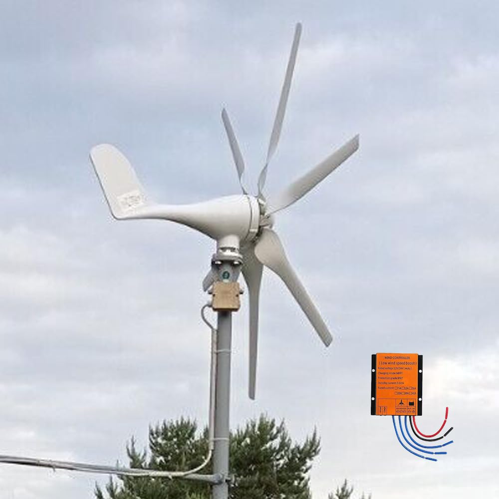 3 Phasen Windkraftanlage 1000W 12V 6 Blätter Windgenerator mit Laderegler | 1kw Horizontal Windturbinen Komplettanlage für Heimgebrauch Stromergänzung,Off Grid Permanentmagnet-Windgenerator Windräder