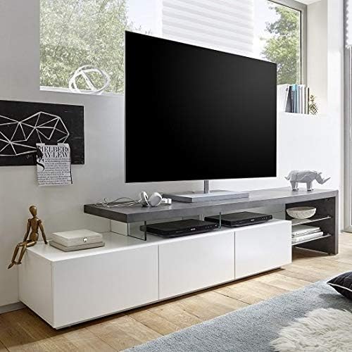 ModaNuvo Large White & Grey Concrete Glass Matt White Lacquered MDF Modern Lowboard Cabinet Chest of Drawers TV Cabinet