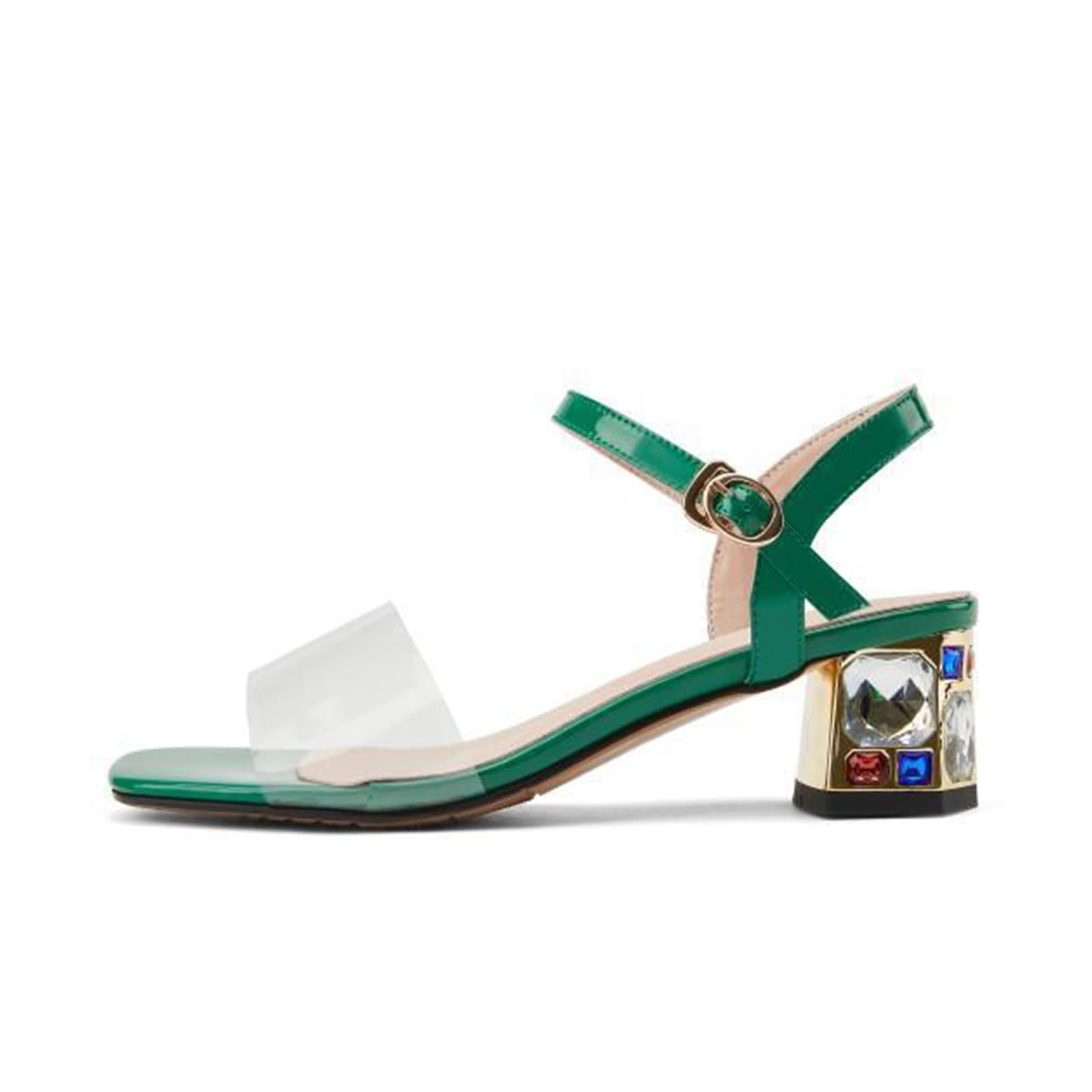 Mujer Tacones Altos con Punta Cuadrada Sandalias Huecas Sandalias con Tacones Gruesos Correa con Hebilla de una línea Charol PVC Tacones Gruesos Pedrería Altura del tacón 8 CM