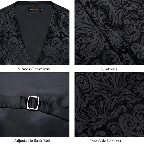 Image of DiBanGu Mens Paisley Suit Waistcoat,Silk Dress Vest and Bowtie Pocket Square Cufflinks with Lapel Pin Set for Wedding Tuxedo