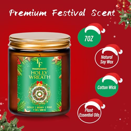 Image of Christmas Candle, Holly Wreath Scented Candles for Home, Holiday Candles Natural Soy Candle, Aromatherapy Candle 7 oz Jar Candles Christmas Gifts for Women Men