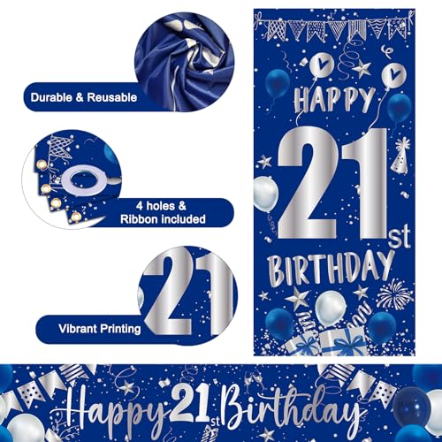 21st Birthday Decorations for Him Her Blue and Silver Happy 21st Birthday Banner 21 Birth day Balloons Happy Birth day Backdrop Door Banner Triangle Flag Confetti Balloons 21 Party Decorations - Image 6
