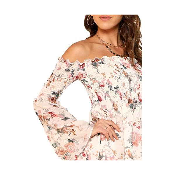 Romwe-Womens-Casual-Floral-Print-Off-Shoulder-Trumpet-Sleeve-Swing-Dress ROMWE Women's Casual Floral Print Off Shoulder Trumpet Sleeve Swing Dress M White