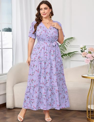 Image of ShopWonder Womens Plus Size V Neck Wrap Maxi Dress High Waist Ruffle Summer Casual Dress with Belt