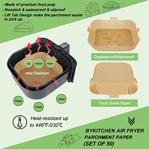 Image of BYKITCHEN Air Fryer Liners Square, 7.9 Inch Large, 50PCS Unbleached, Greaseproof Parchment Paper for Air Fryer, Compatible with COSORI, Ninja, Tower Cosori