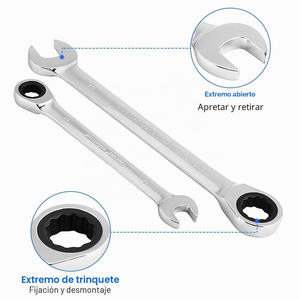 Cocoarm Juego de llaves de carraca de Maul, 12 piezas juego llaves inglesas, llaves de carraca de cromo vanadio, Juego de Llaves de Trinquete Combinadas de 72 Dientes, llaves de carraca de 8-19 mm