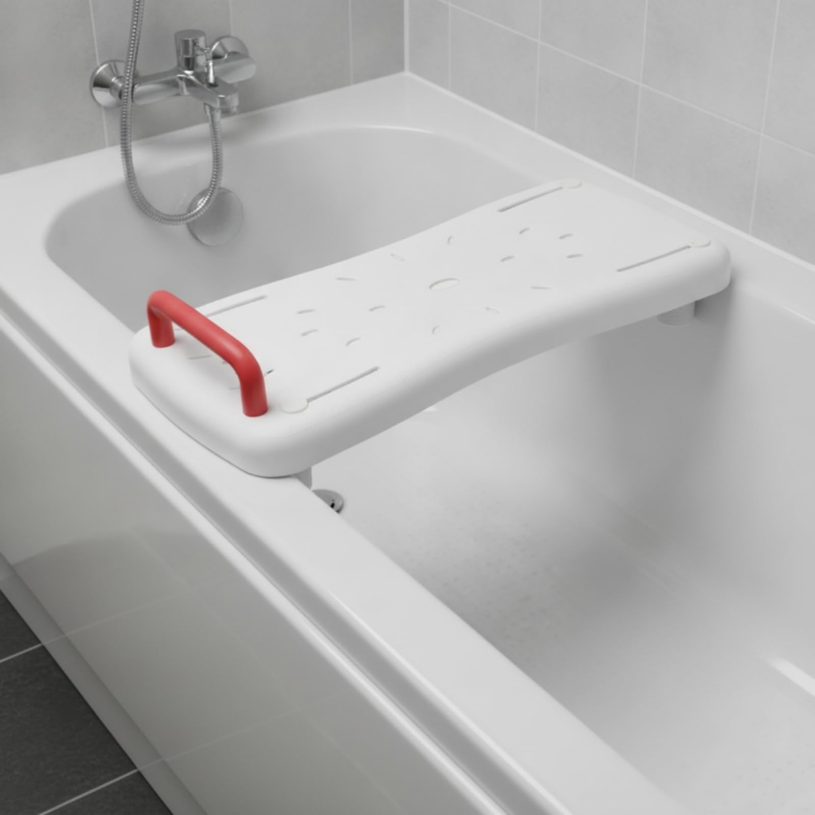 Asiento Bañera con Drenaje Antislizante Tab con Asa Ajustable Tabla Asiento Baño para Usuarios Mayores, Ancianos, Ducha, Blanco con Asa Roja, 70 31 9 Cm