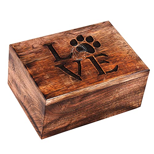 Hind Handicrafts Antique Paw Engraved Mangowood Pet Urn for Dogs Cats Memorial Keepsake Urns for Ashes, Photo Wooden Box Cremation Urn (100 Cubic in, Love Paw)