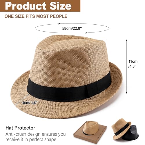 Image of Straw Fedora Hats for Men Women, 1920s Short Brim Trilby Panama Hat Summer Beach Sun Cap