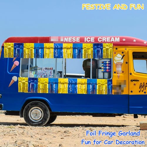 Image of 4 Packs Total 39 Ft Graduation Parade Floats for Trailer Car, Blue Gold Foil Fringe Garland Tinsel Streamers Banner Table Skirts for Graduation Homecoming Birthday Party (Royal Blue Gold)
