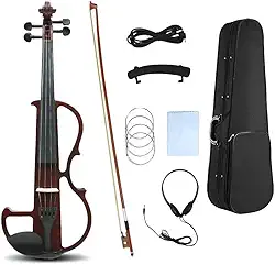 Violino elétrico 4/4 completo violino elétrico silencioso corpo de madeira maciça acessórios de ébano com capa, arco, fone de ouvido, cabo, cordas para estudantes, iniciantes e adultos (vinho