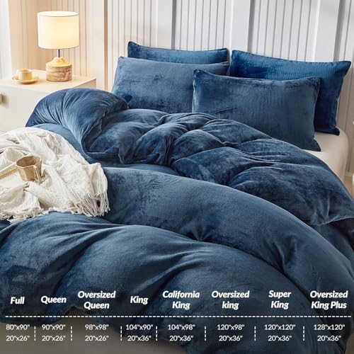 Image of WARMDERN Navy Velvet Duvet Cover Set Queen Size, Luxury Milk Velvet Bedding Duvet Cover with Zipper Closure, 3pcs Ultra Soft Duvet Covers for All Seasons, 90 inch x 90 inch, Navy