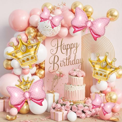 Image of 10 Pcs Gold Crown Balloons And Pink Bow Balloon Light Pink Bows Balloons | Light Pink Bows Balloons Large Gold Crown Foil Balloon With Two Sizes For Birthday Baby Shower Theme Party Wedding Bridal