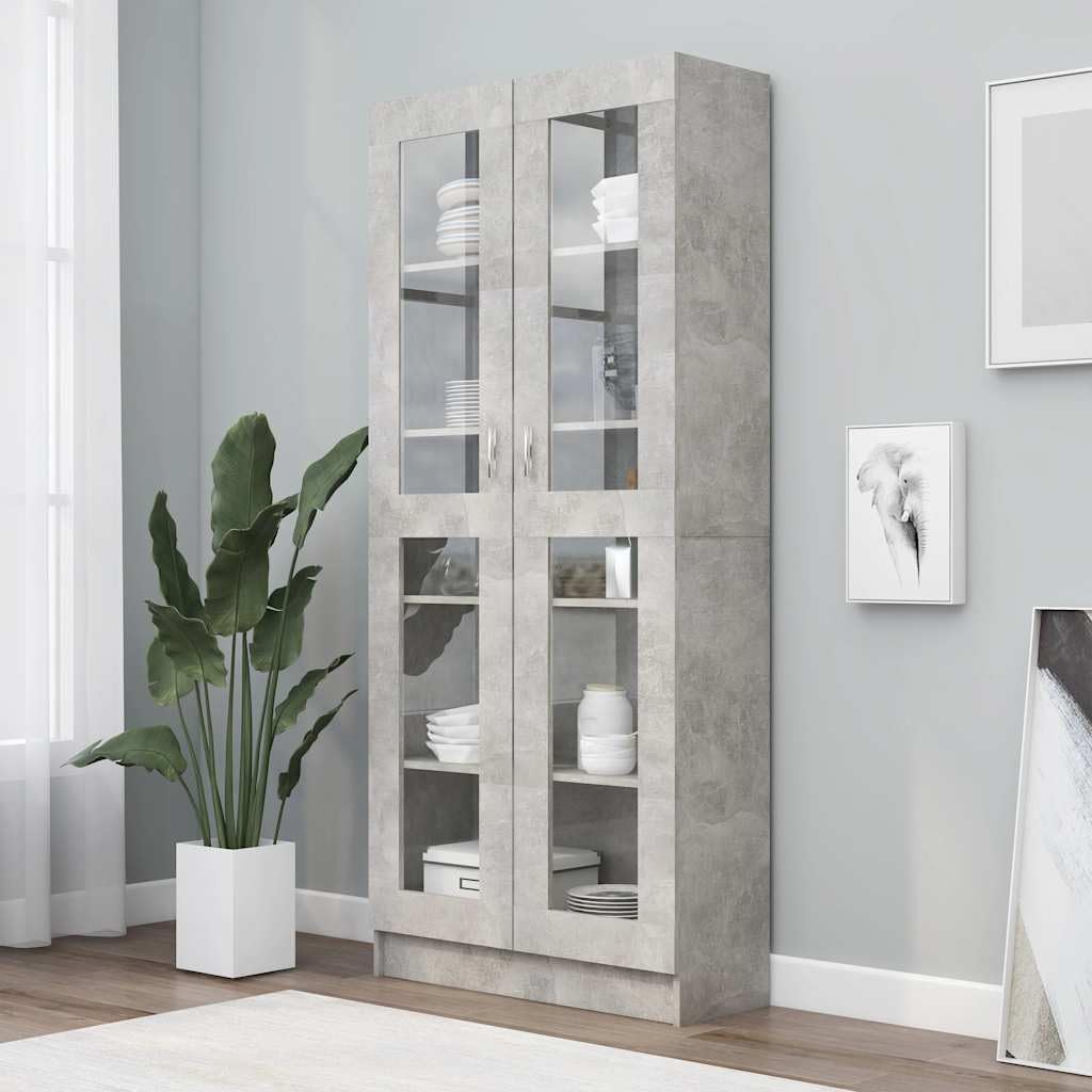 Armario genérico vitrina gris hormigón 82,5 x 30,5 x 185,5 cm, estantería de madera de ingeniería con 5 compartimentos y 2 puertas, almacenamiento para libros, revistas, DVD y decoración