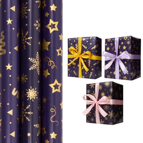 3 Rollen blau-goldenes Geschenkpapier, 43 cm x 3 m, bedruckt mit Stern und Schneeflocke, für Weihnachten, Geburtstage, Feste und Partys