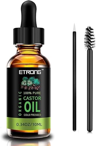 ETRONG Organic Castor Oil,Pure Cold Pressed Castor Oil for Eyebrows,Eyelashes,Hair Growth,Nails,and Skin with 1 Set of Eyebrow&Eyeliner Brushes (10 ml)
