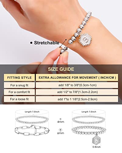 Doubgood Silver Beaded Bracelets For Women, Stackable Silver Bracelets For Women Men Stretch Silver Bead Ball Bracelet With Letter Pendant S #TOP3