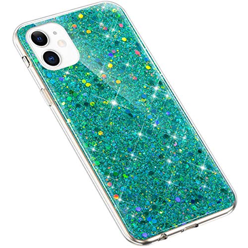 Uposao Compatible with iPhone 11 Cover, Girls Women Bling Shiny Glitter Sparkle Soft TPU Case Transparent Flexible Rubber Silicone Case Crystal Clear Phone Case Cover,Green