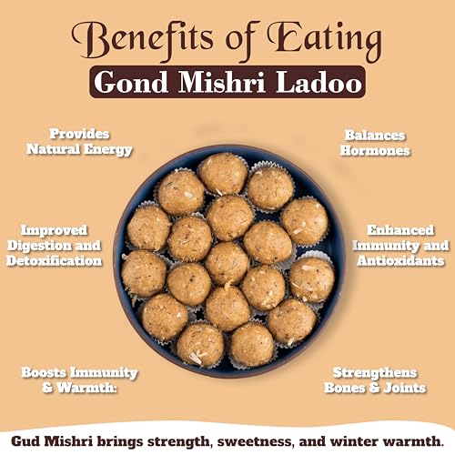 Image of Gud Mishri Gond Ke Laddu Mishri 1Kg | Healthy Energy-Boosting Indian Sweet Made with Aata, Badam, Gond, Coconut & Desi Ghee | Sweetened with Mishri | Nutritious Traditional Ladoo | No Refined Sugar | Healthy Mithai Gift Box