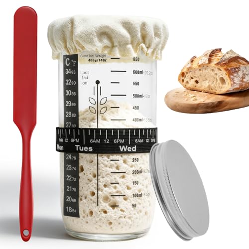 Zencantorous Kit Pain Au Levain, 730 ml Bocal De Démarrage Pour Levain, Bocal De Levain, Pot De Fermentation Avec Thermomètre, Idéal Pour Faire Du Pain Au Levain,...