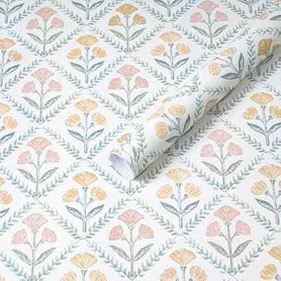 Dimoon 17.3''x78.7'' Peel and Stick Wallpaper Floral Boho Contact Paper Cute Vintage Village Wallpaper Farmhouse White Blue Renter Friendly Geometry Grid Waterproof Embossed Kitchen Bedroom Vinyl