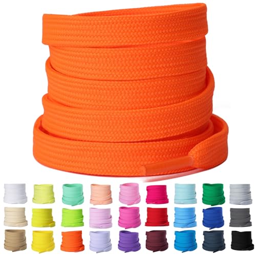 Olukssck 2 Pairs Flat Shoe Laces for Sneakers, 5/16'' Athletic Shoelaces 24'-63' in 15 Colors, Orange 24 inch(60cm)