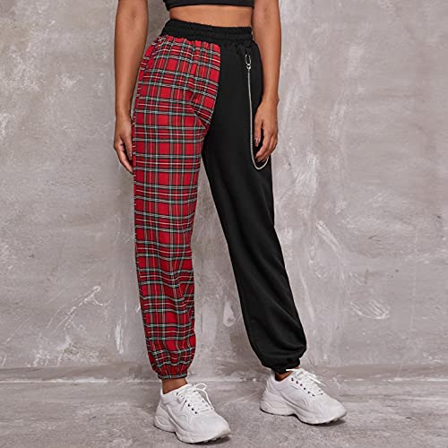 Women Baggy Y2k Straight Leg Cargo Pants Punk Pockets High Waist Chain Casual Plaid Trousers Pants2