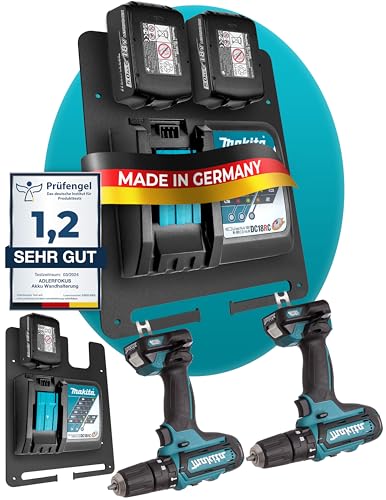 Adlerfokus Wandhalterung für Makita Akkus & Ladegeräte [Made in Germany] Makita Akkuhalter mit Premium Montagematerial - Makita Wandhalterung Ladegerät - Akku Wandhalterung für Ordnung & System