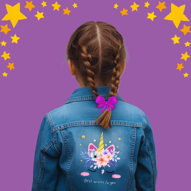 OrJana Veste en jean pour fille avec licorne, bleu denim, décorée de fleurs et d'étoiles, design magique avec broderie arc-en-ciel