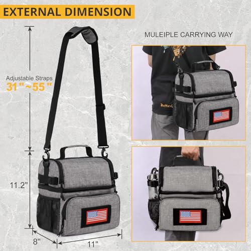 Image of ATRIPACK 2 Compartment Lunch Bag for Men Adult, Tactical Lunch Box Leakproof Insulated Large Cooler Bag for Work with Adjustable Shoulder Strap Flag Double Layer Lunch Pail（Grey）