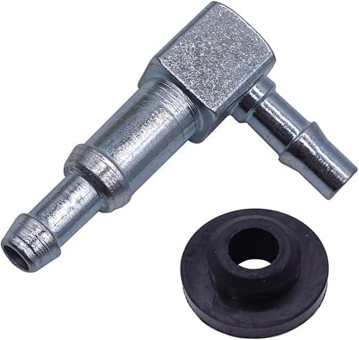 Fuel Elbow 1/4"" Line 90 Degree Gas Tank Fitting Metal with Rubber Grommet, Silver