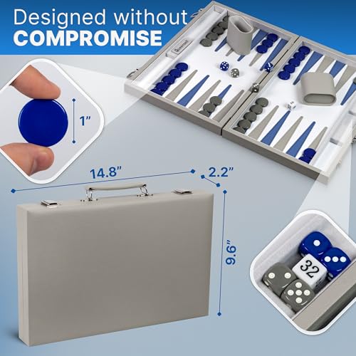 Image of Large Gray Backgammon Set for Adults - Classic Board Game for 2 Players Adults and Kids - Premium 15 Inch Backgammon Board with 32 Playing Pieces in Quality PU Leather Case