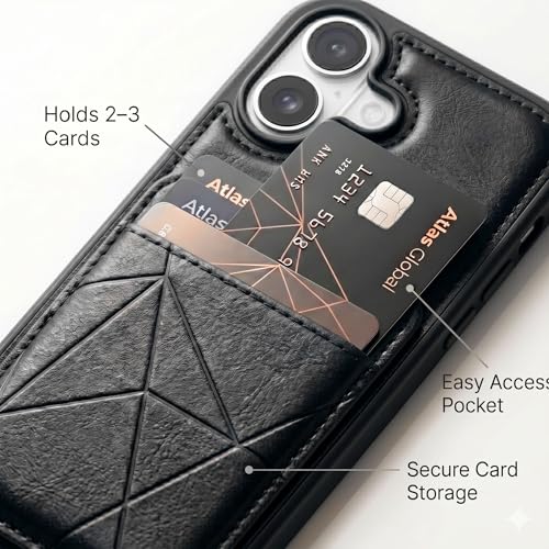 Image of amazon basics Premium Vegan Leather Back Cover with Card Holder and Integrated Mobile Stand for iPhone 16 - Slim Shockproof Wallet Case with Geometric Stitching [Black]