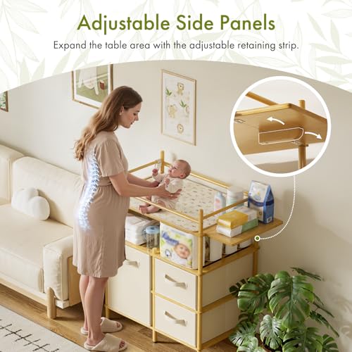 Image of Amazer Baby Changing Table, Bamboo Baby Dresser Table with Flat Top, Diaper Changing Station with 3 Removable Storage Drawers, Large Storage Nursery Organizer Shelves with Pad, Mesh Pocket