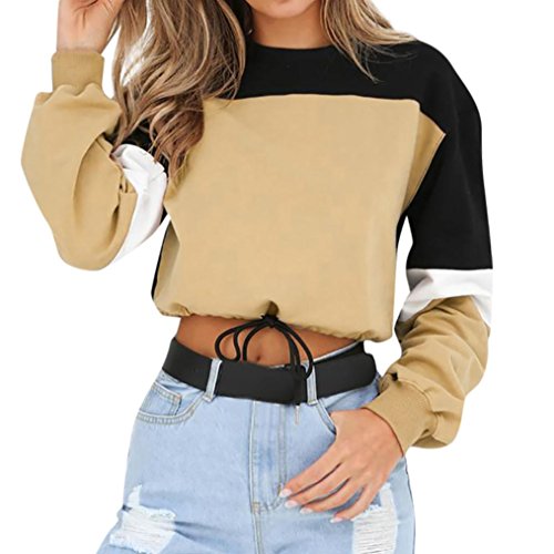 Covermason Sweat-Shirt Courte Femme Splcing Couleur T-Shirt Manches Longues Ado Fille Pull Chic Sweatshirt Pull Tops Chemisier (Beige, S)