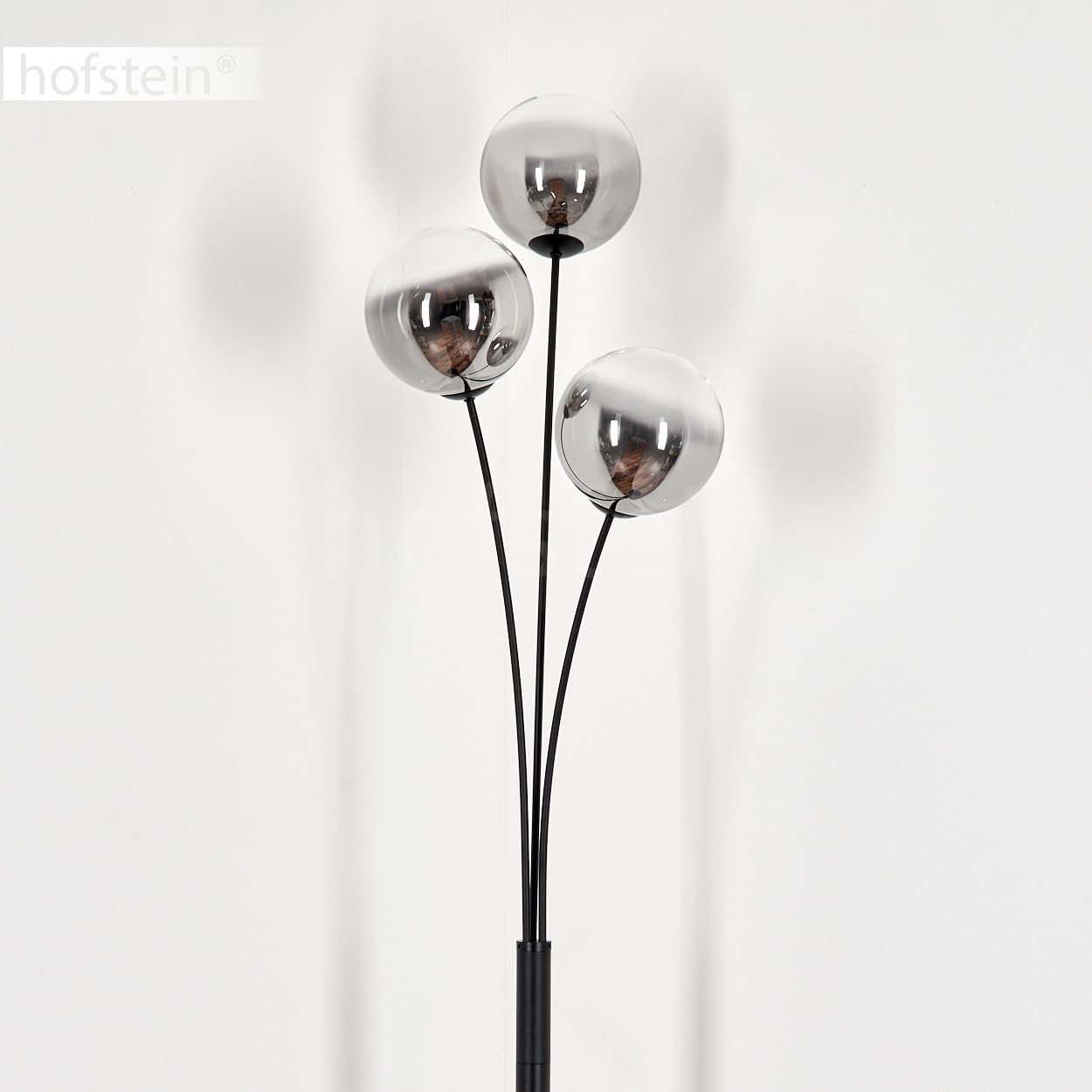 Stehleuchte Bernado, Stehlampe aus Metall/Glas in Schwarz/Rauchfarben/Klar, Leuchte im modernen Retro/Vintage-Design mit Schirmen aus Glas (Ø 15 cm), dimmbar über Fußschalter, 3x G9, ohne Leuchtmittel