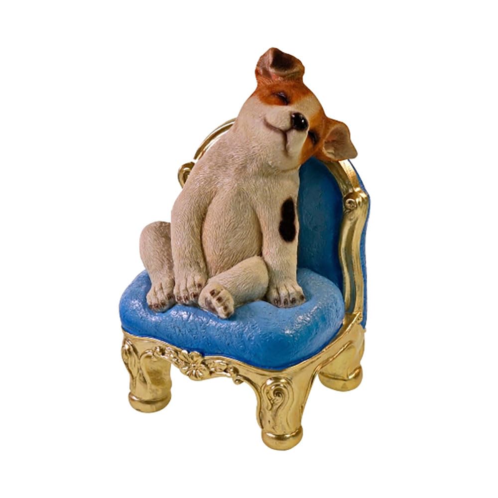 ReWu Dekoracyjna figurka psa na fotelu – figurka zwierzęcia z żywicy poliestrowej, 20 cm, 13 x 12 cm, zabawna dekoracja psa na półkę/komodę, akcesoria do domu, niebieska/złota