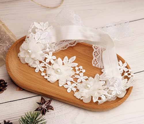 Flower Lace Baby Girls Headband Pink Lace Baptism Christening Elastic Toddler Hairband Floral Pearl Infants Headband Birthday Wedding Party Hair Accessories for Baby (Style 1 - white)4