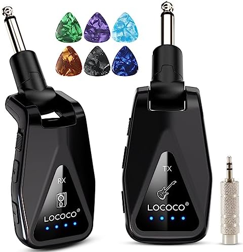 LOCOCO Wireless Guitar System UHF 4 Channels Rechargeable Audio, 164 Feet Range Wireless Transmitter Receiver with Rotatable Plug Design, for Guitar Bass Electric Instruments. (Free 6 Guitar Picks)
