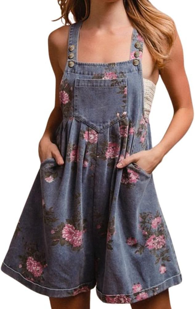 chouyatou Women's Summer Embroidered Floral Denim Short Overalls Workout Sleeveless Jean Romper with Pockets