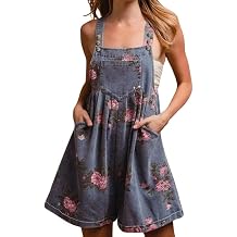 chouyatou Women's Summer Embroidered Floral Denim Short Overalls Workout Sleeveless Jean Romper with Pockets