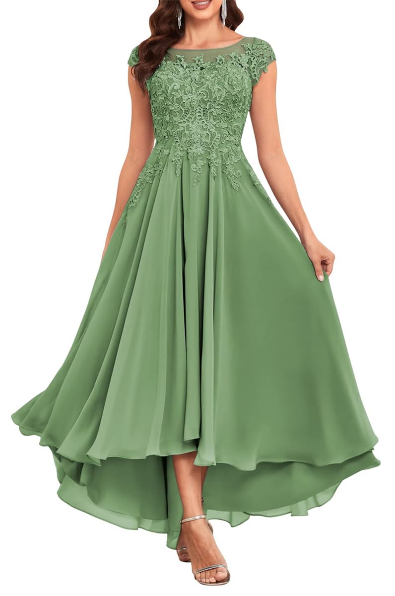 KURFACE Tea Length Mother of The Bride Dresses Plus Size Beach Wedding Lace Appliques Chiffon Corset Sage Green Formal Dress UK24