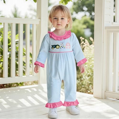 Newborn Baby Girl Fall Outfit Farm Clothes Tractor Cow Embroidery Ruffle Long Sleeve Romper One Piece Jumpsuit2