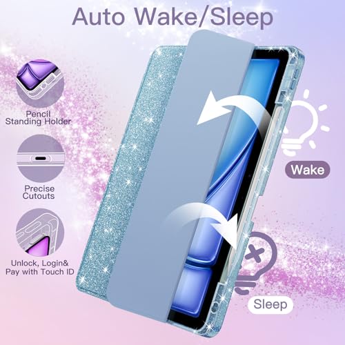 JETech iPad Air 11インチ M3/M2 (2025/2024)、iPad Air 5/4 (2022/2020モデル、第5/4世代)用 グリッターケース Pencilホルダー付き キラキラかわいい スリムカバー 子供や女の子向け 光沢のあるクリアバックシェル (空色)