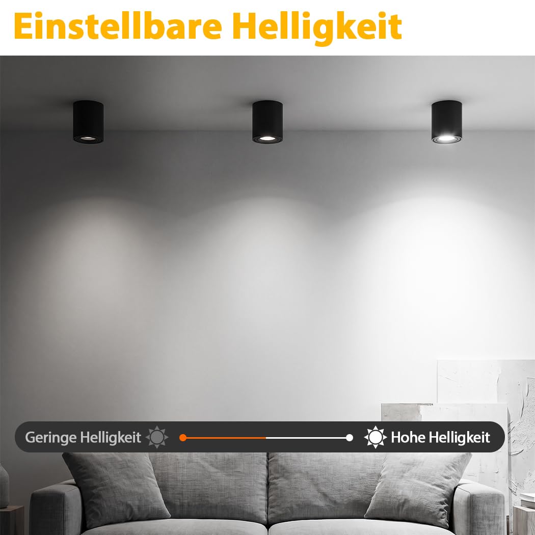 Aufbauspot Deckenstrahler mit Schwenkbarem Kopf,Runde Flach Spots Deckenleuchte Dimmbar mit GU10 Set Inkl Leuchtmittel,3 CCT umschaltbar,Modern Deckenspots Schwarz 80x85mm für Küche Bad,4er Set