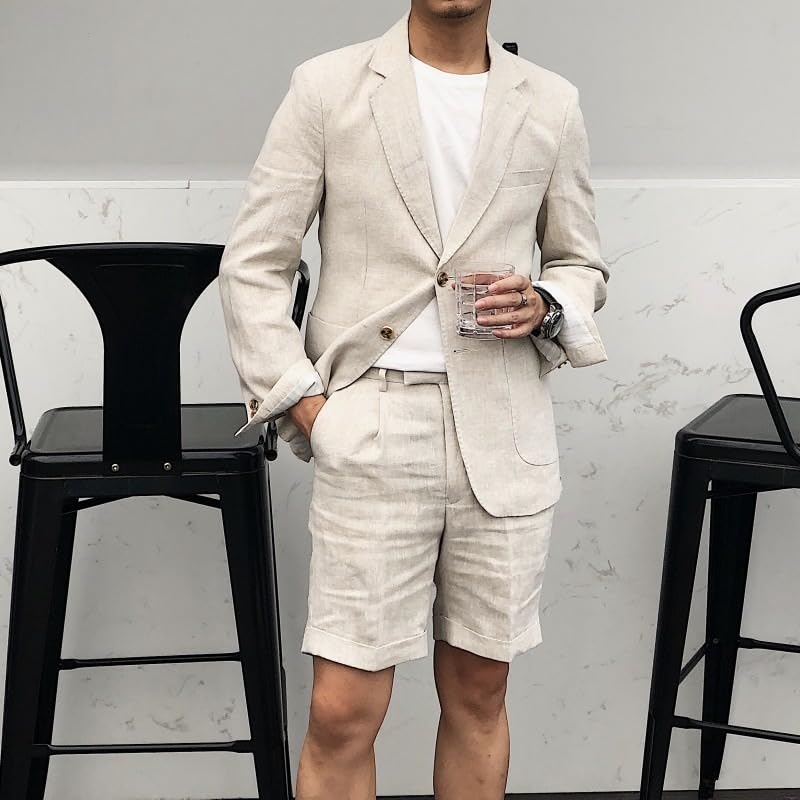 Men's 2 Pieces Linen Suit Casual Slim Fit Suits Retro Wedding Prom Tuxedos Summer Beach Party Blazer Shorts Set3
