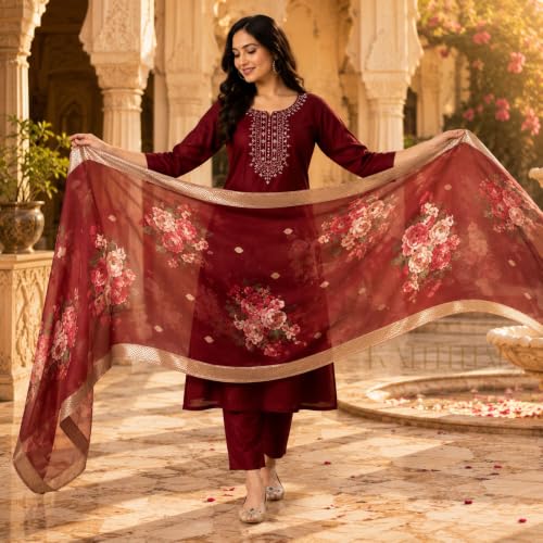 Image of Kaththai Women Embroidered Kurta and Pant Set with Dupatta | Ethnic Suit Set for Women | Floral Printed Organza Dupatta | Festive, & Traditional Kurta Set